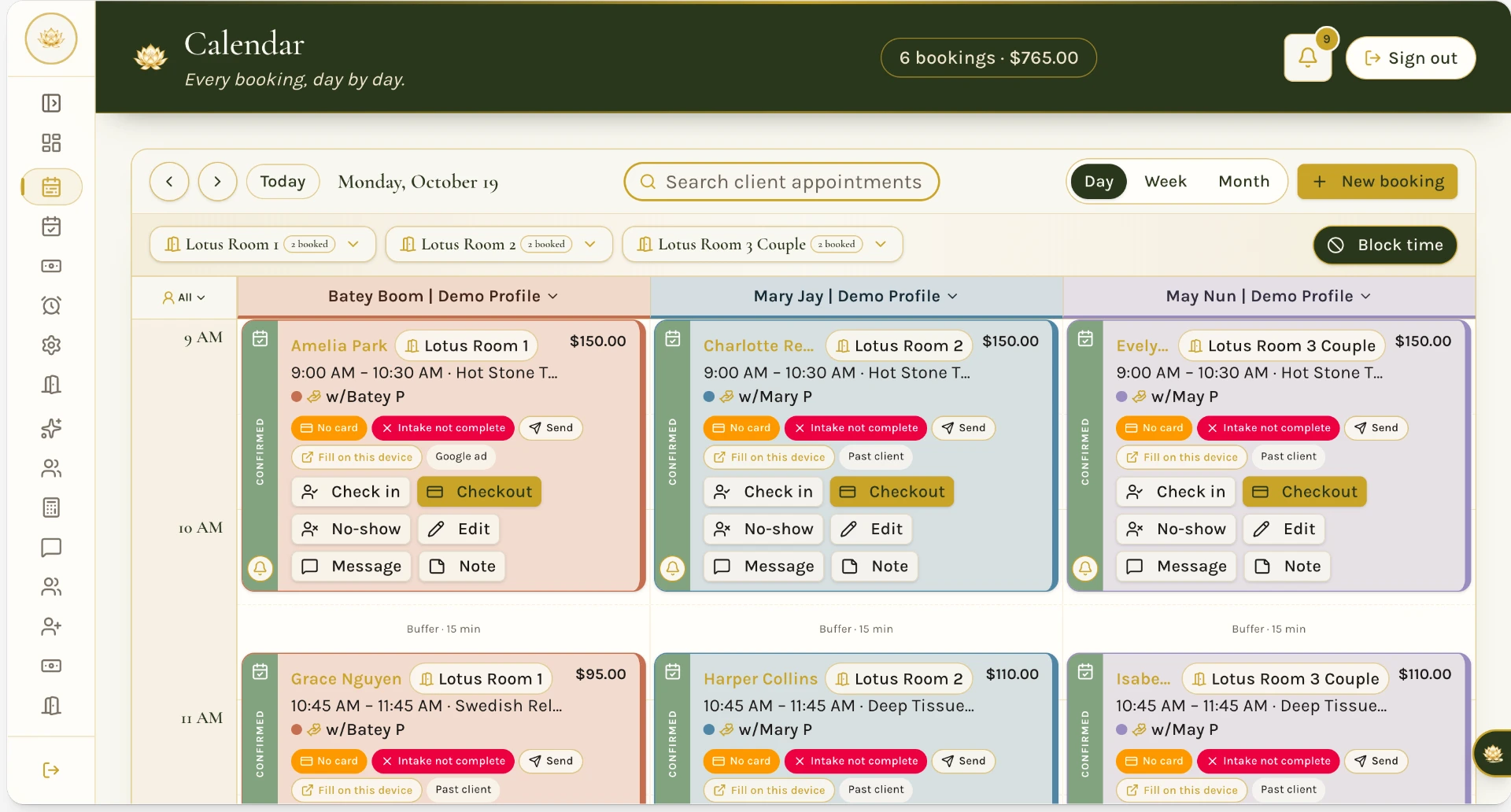 Zen Spa's ArriveZen day calendar showing collapsed room schedules, sample appointments, intake status and checkout controls
