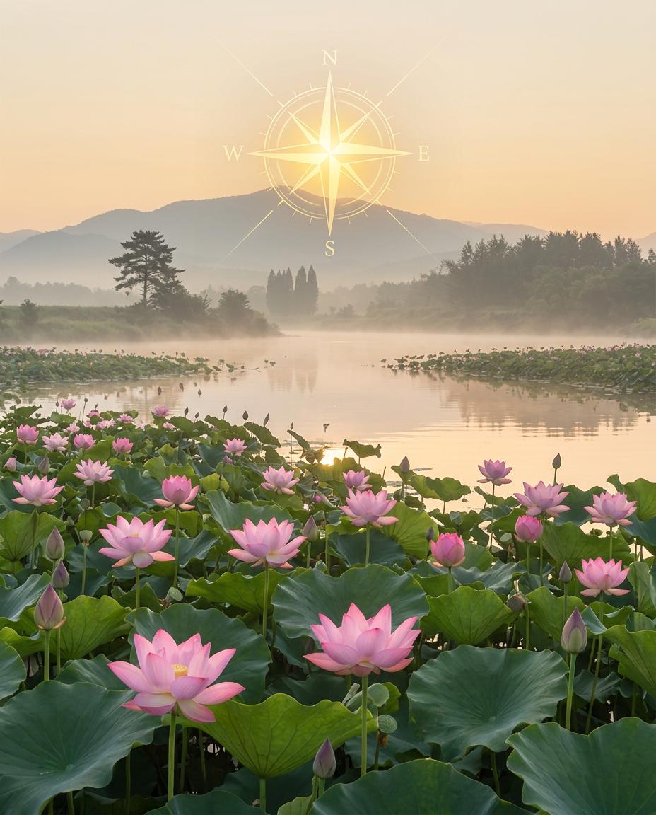 Lotus river flowing toward a golden compass sunrise on the horizon