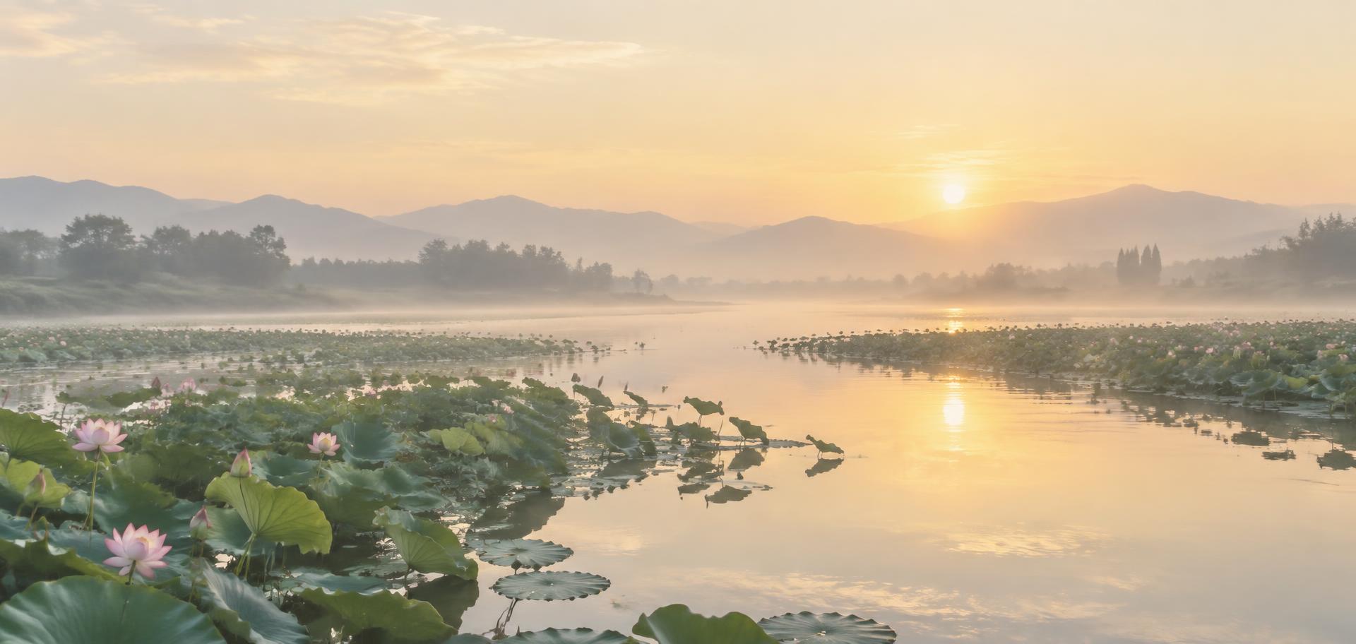A misty lotus river at dawn