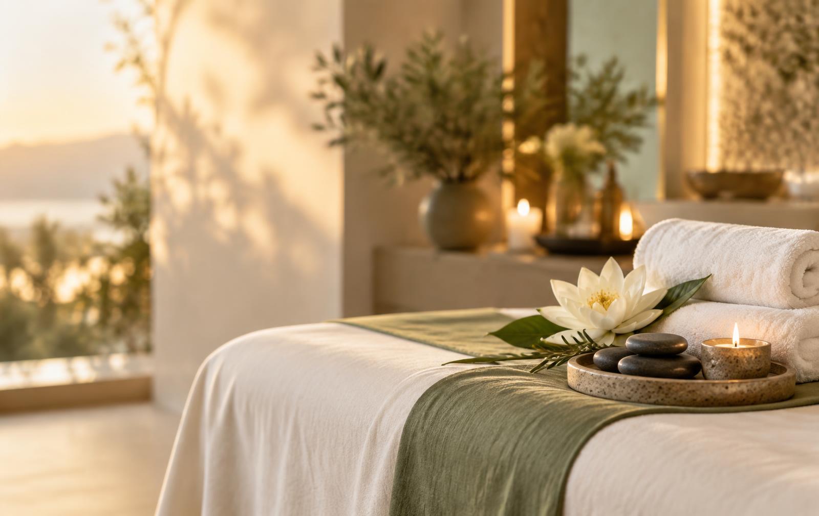 A candlelit massage table dressed with white linens and a lotus flower